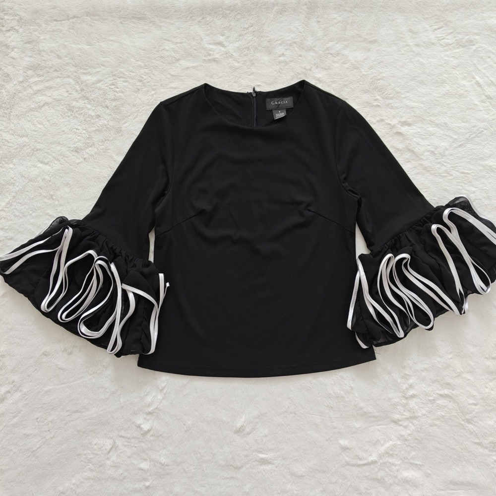 Gracia Ruffle Cuff Flare Long Sleeve Blouse Black White Contrasting Ribbon Trim - Picture 3 of 7